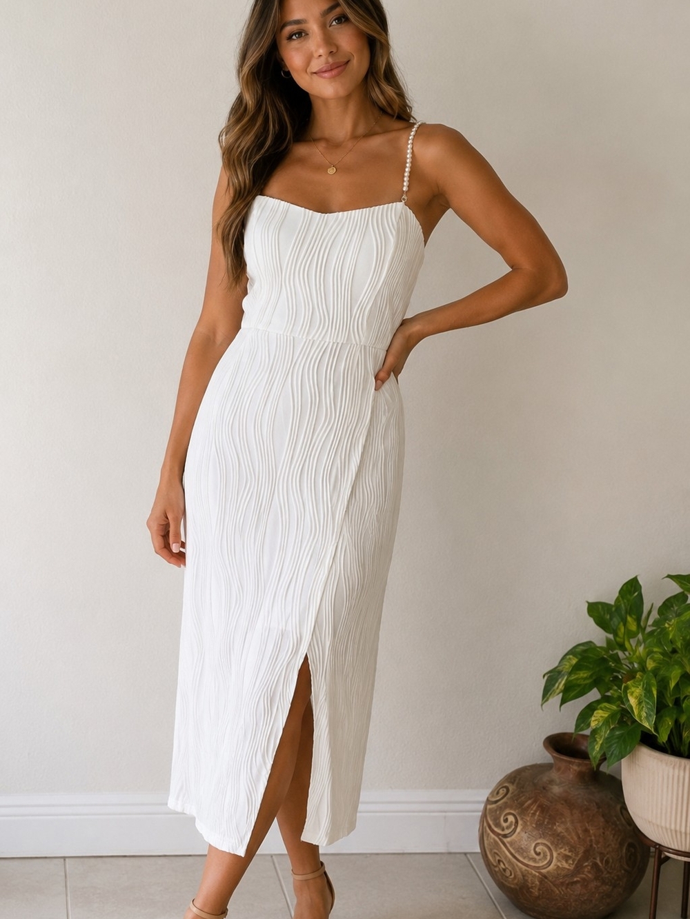 RIHOAS White Textured Midi Dress with Pearl Strap. 0276 - Picture 1 of 7